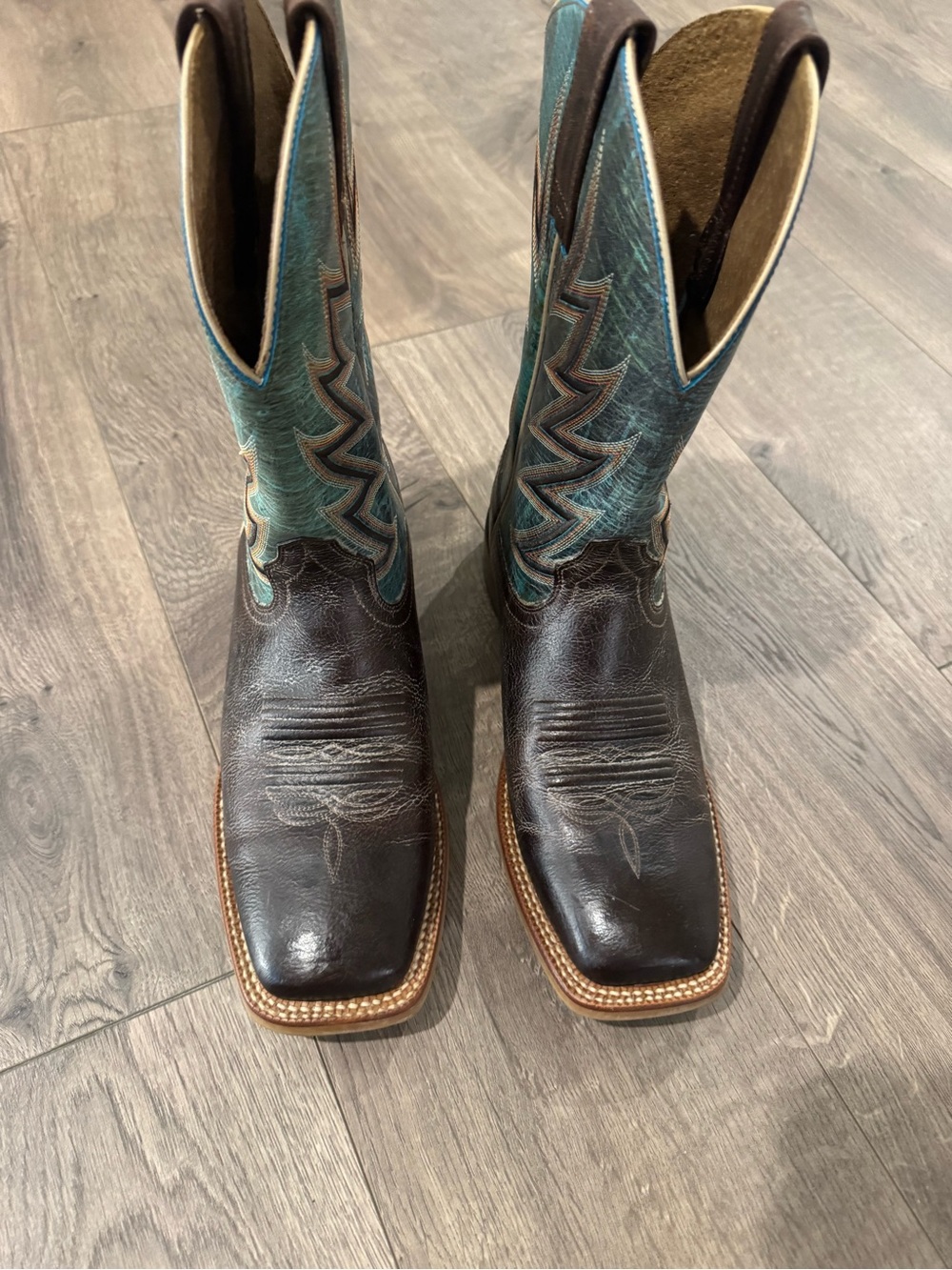 Ariat Men's Brown and Alanta Blue Leather Western Cowboy Boots Square Toe
